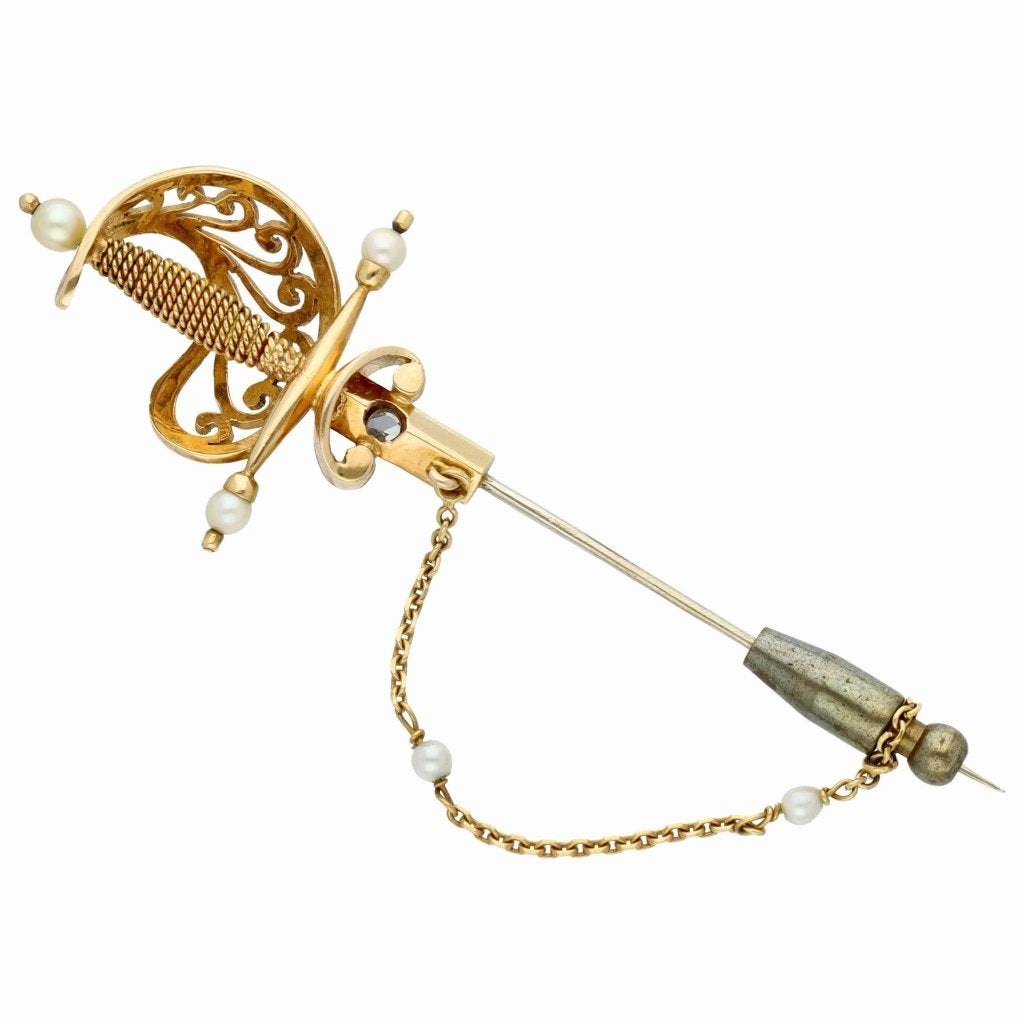 Zwaard Broche van 18 karaat goud met diamant & parels, Met edelsteen, Ophalen of Verzenden, Zo goed als nieuw, Goud