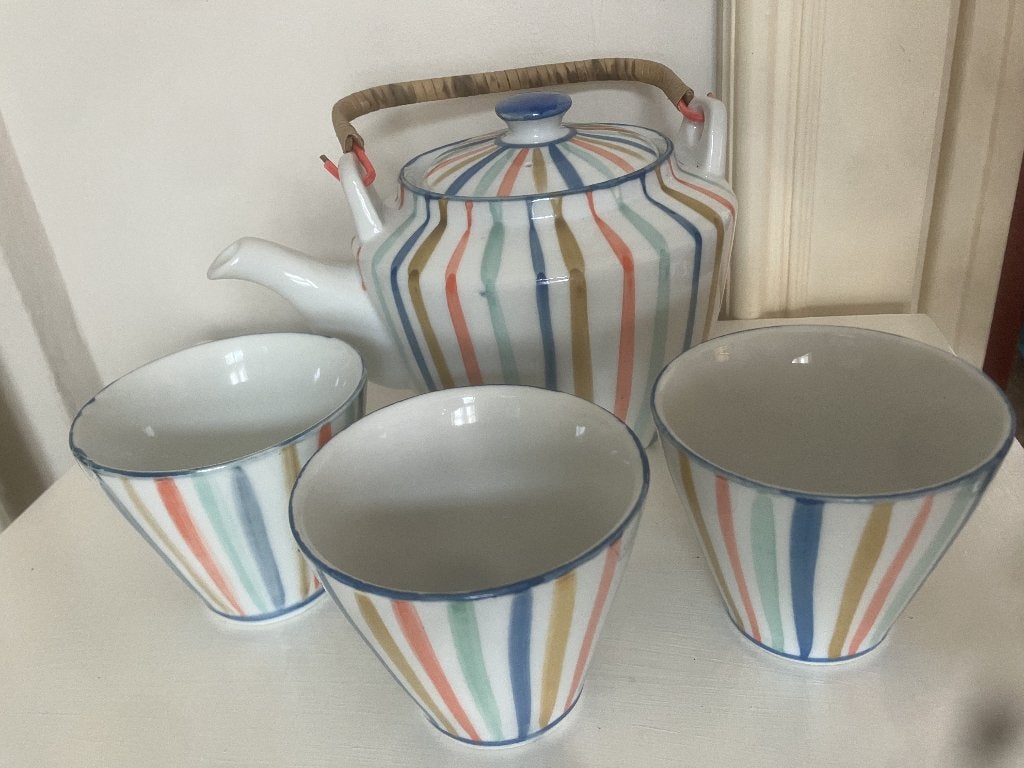 Vintage Japans theeservies met kleurig, gestreept patroon, Huis en Inrichting, Keuken | Servies, Overige typen, Ophalen of Verzenden
