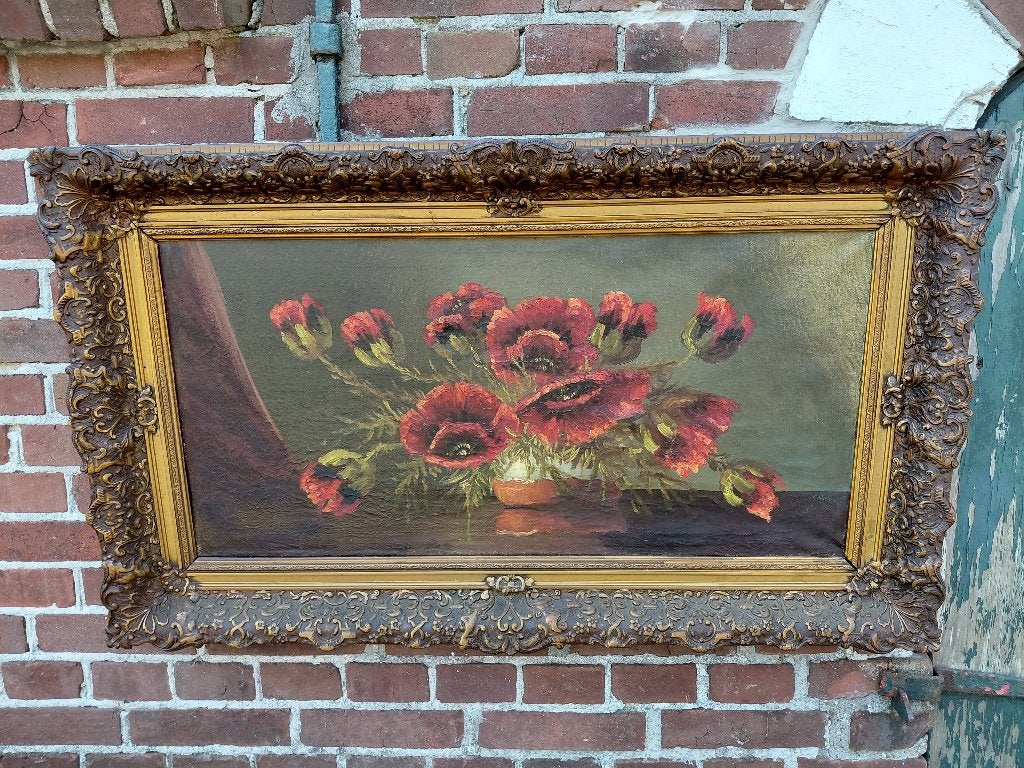 Schilderij, bloemstilleven met boeket rode bloemen., Ophalen, Nederlandse school, Doek, Stilleven