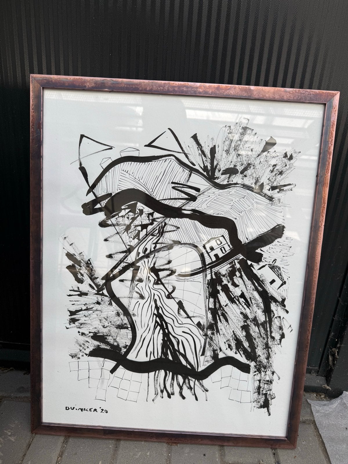 Abstracte inkttekening in lijst - Gesigneerd Arjen Duinker, Antiek en Kunst, Ophalen of Verzenden, Tekening, Pentekening, Gesigneerd