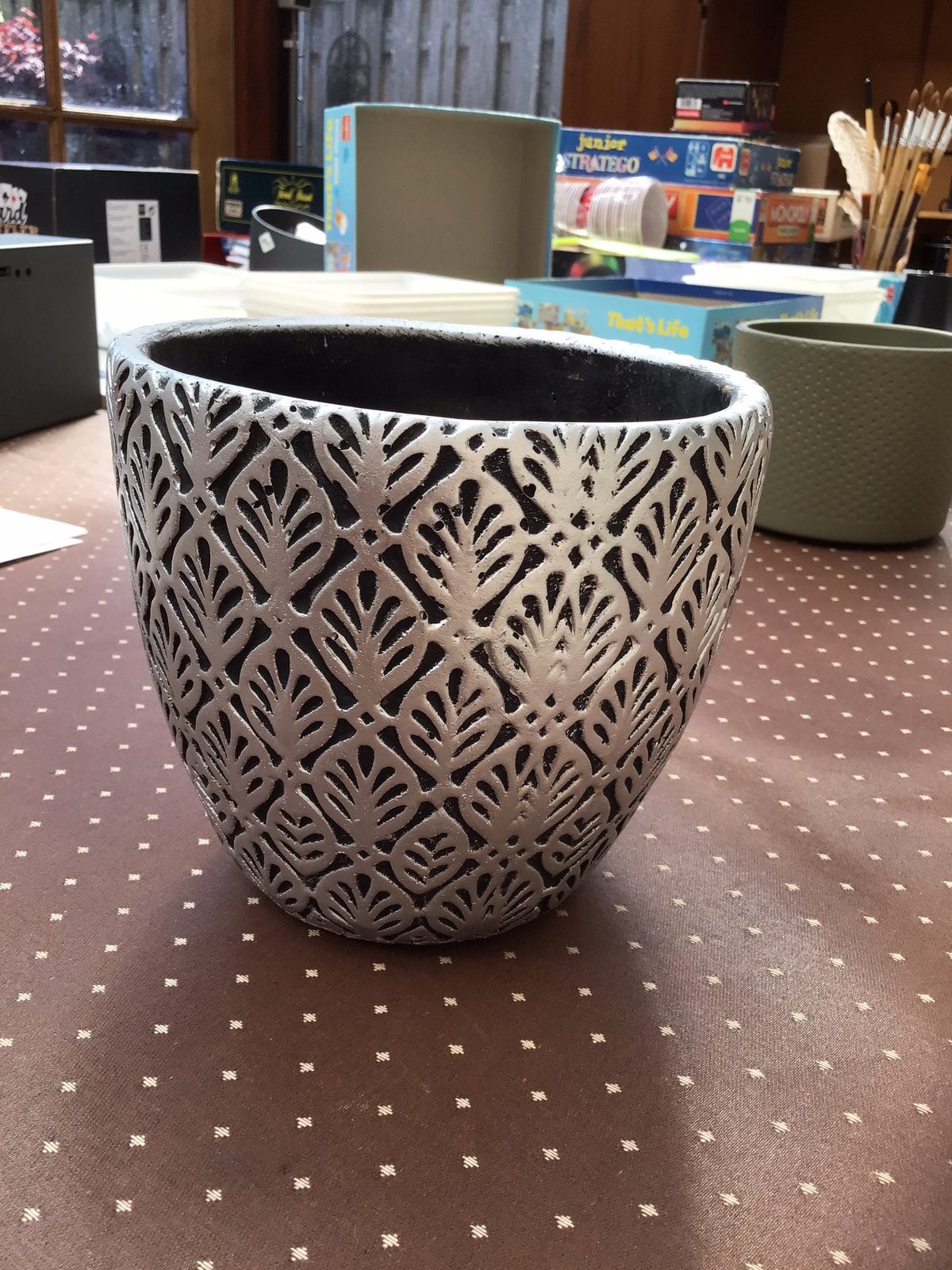 Bloempot zilver/zwart 14 doorsnee, Tuin en Terras, Rond, Binnen, Ophalen of Verzenden, Zo goed als nieuw