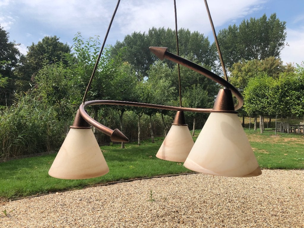 Hanglamp in roodkoper kleur met albaster kapjes, E14 (klein), Ophalen of Verzenden, Zo goed als nieuw, Klassiek/strak