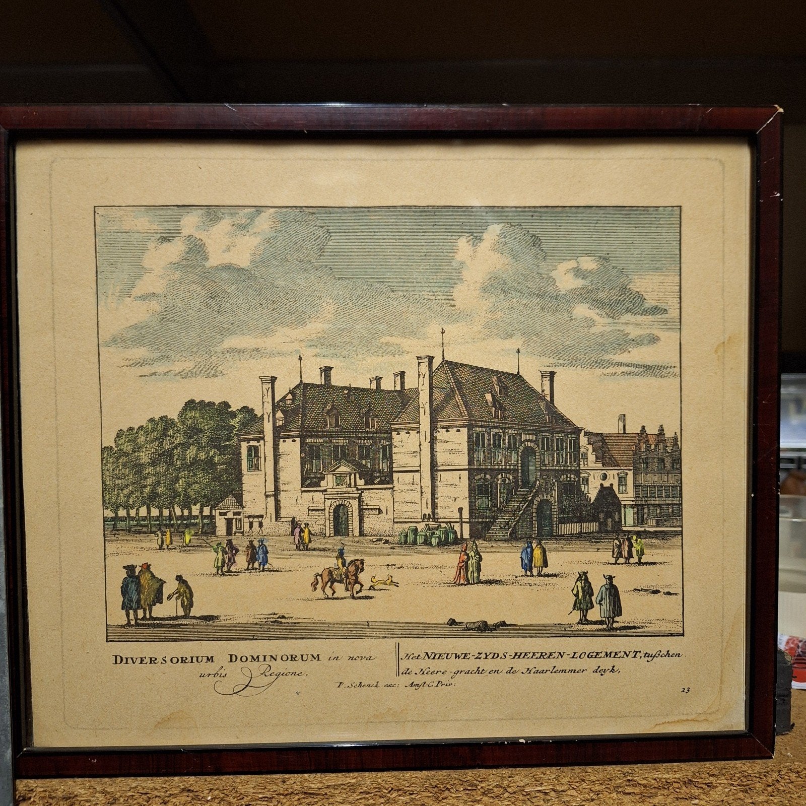 Ingekleurde gravure Nieuwezijds Herenlogement, 1663, Antiek en Kunst, Kunst | Etsen en Gravures, Ophalen of Verzenden