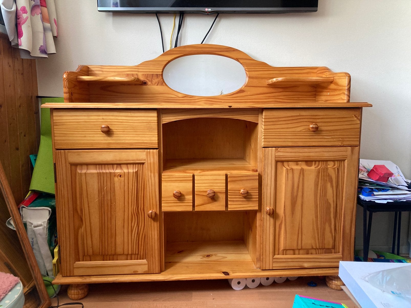 Dressoir, echte grenen, lades, planken, deuren en spiegel, Ophalen, Vintage, Zo goed als nieuw, Grenenhout