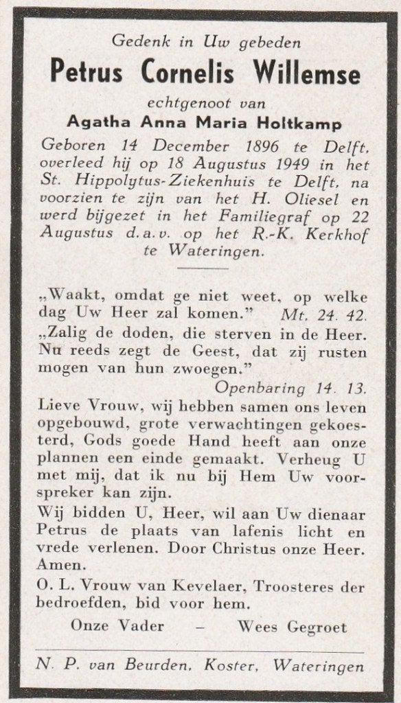 willemse-holtkamp-delft -wateringen 1949, Ophalen of Verzenden, Bidprentje
