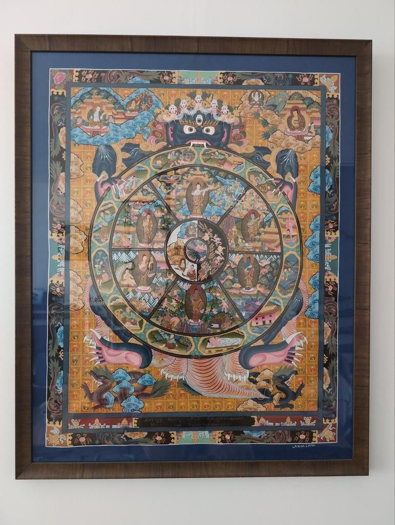 Groot handgeschilderd Nepalees Wheel of Life (Thangka), Ophalen of Verzenden
