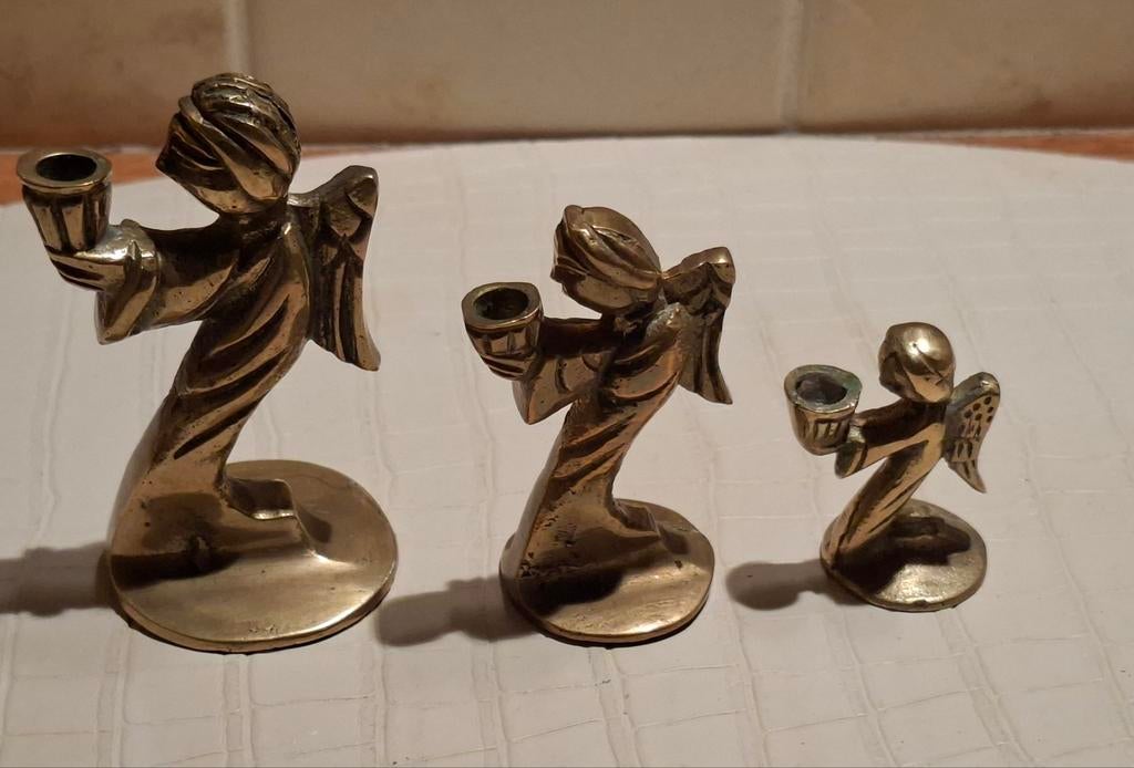 Set van 3 koperen engeltjes kandelaars, Ophalen of Verzenden, Koper of Brons