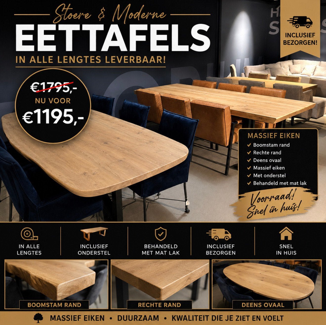 ACTIE – MASSIEF EIKEN EETTAFELS | VAN €1.795,- VOOR €1.195,-, Huis en Inrichting, Eikenhout, Vier personen, Rechthoekig, Nieuw