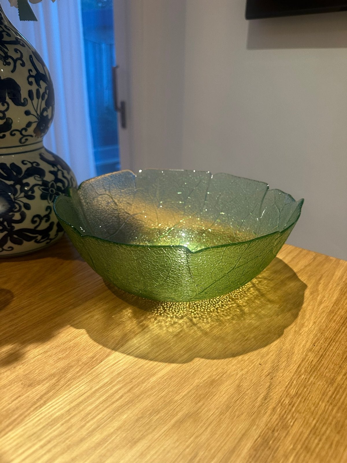 Vintage Arcoroc Aspen Groene Glazen Schaal Bladmotief, Ophalen of Verzenden