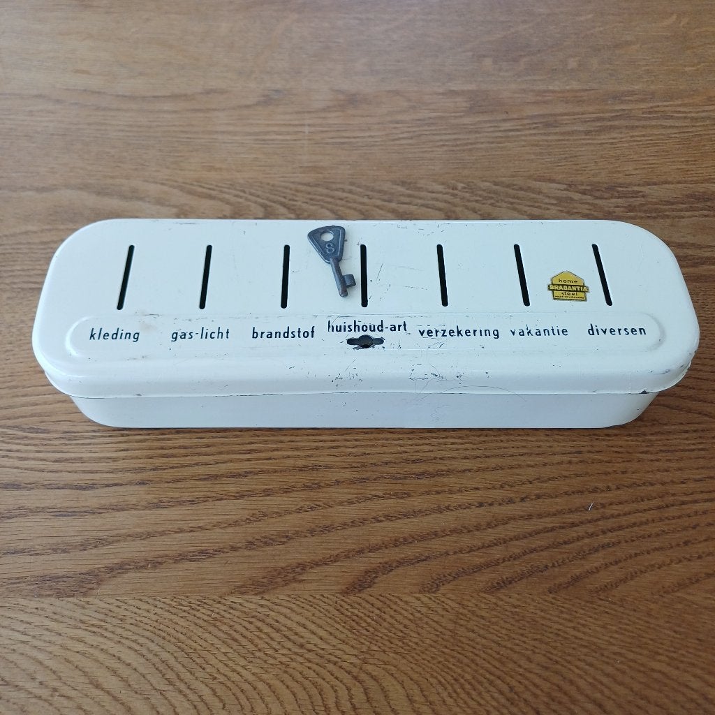 Spaarblik Brabantia met sleutel, Verzamelen, Spaarpotten, Gebruikt, Overige thema's, Leenderweg 182, 5555 CJ Valkenswaard, Service@brabantia.com