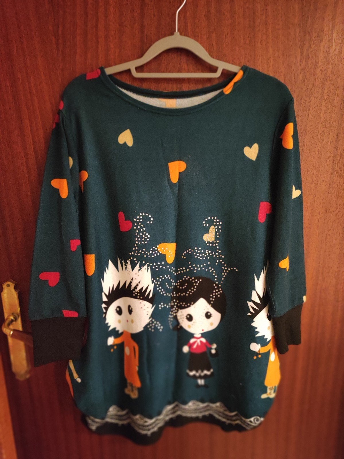 Leuke donkergroene jurk met print en hartjes, Kleding | Dames, Maat 38/40 (M), Ophalen of Verzenden, Gedragen, Boven de knie