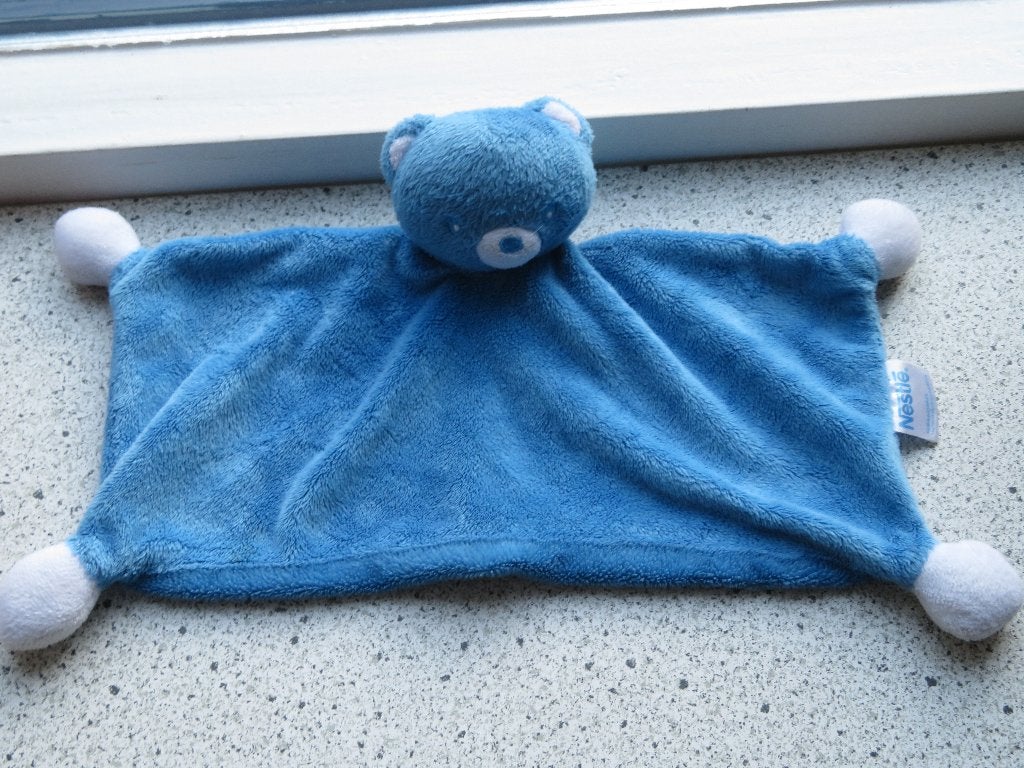 4 x Knuffeldoek Beer Basje blauw velours merk Nestlé, Beer, Blauw, Ophalen of Verzenden, Zo goed als nieuw