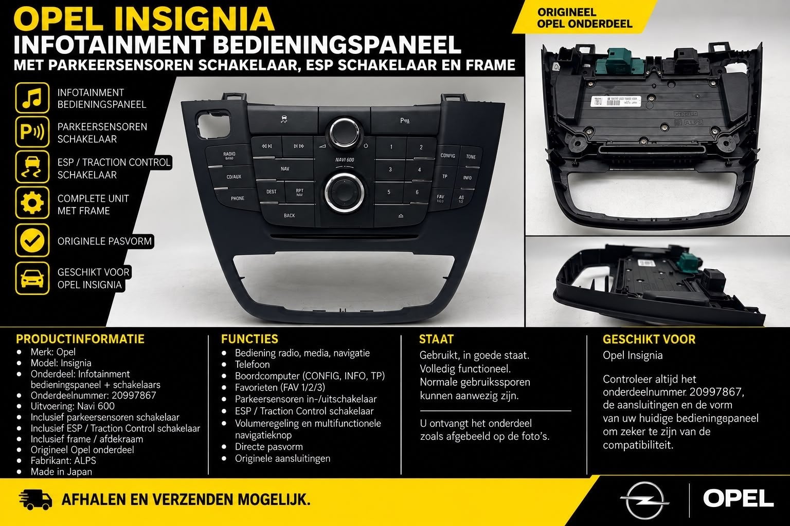 Opel Insignia Navi 600 Infotainment Bedieningspaneel + Frame, Ophalen of Verzenden, Gebruikt