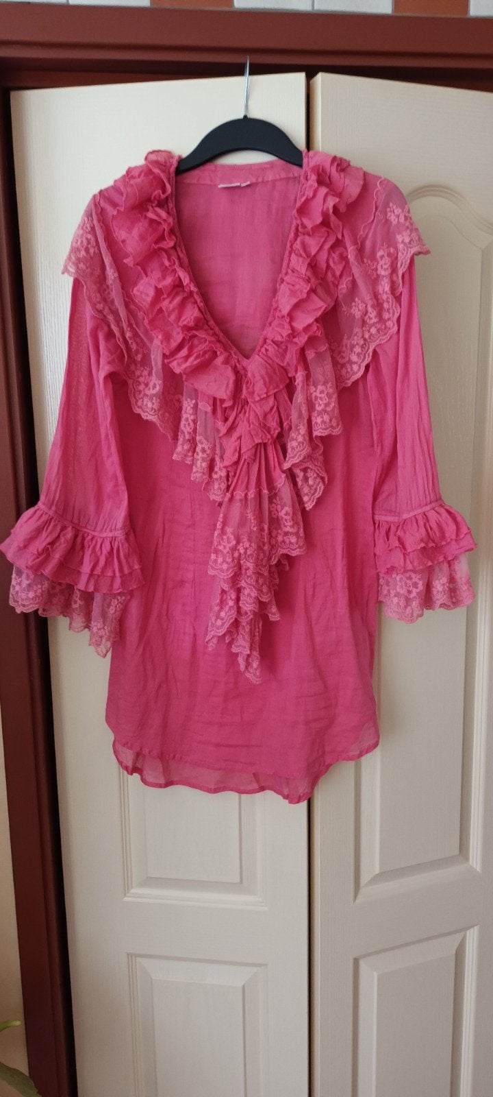 Ibiza tuniek, rose, lange mouw, mt. L, India katoen, Kleding | Dames, Ophalen, Zo goed als nieuw, Maat 38/40 (M), Roze