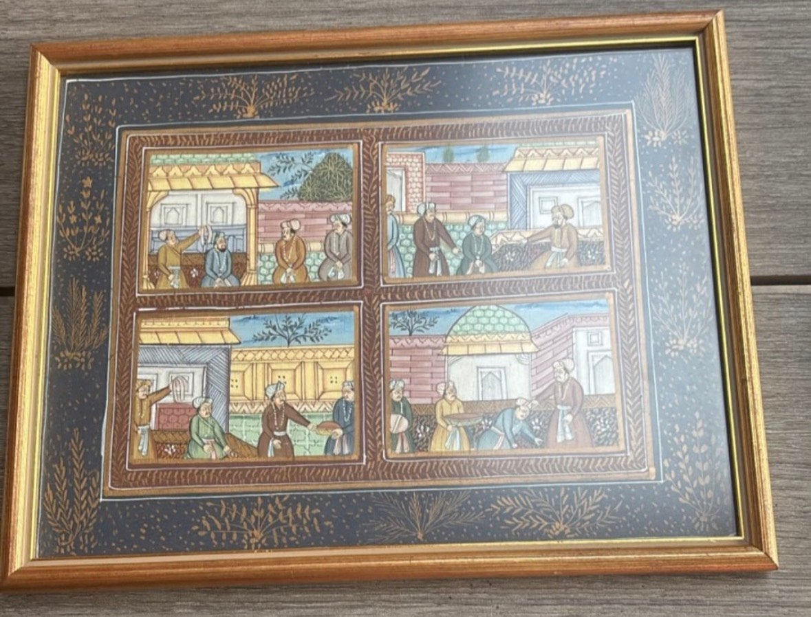 Handgeschilderd Indo-Perzisch of Moghul miniatuurschilderij, 24 cm, Ingelijst, Ophalen of Verzenden, Indonesië