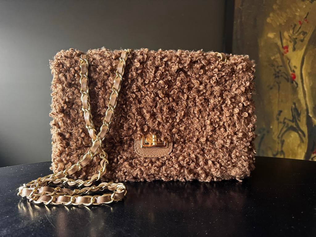 Borse in Pelle Bruine Teddy Tas met Gouden Details, Ophalen of Verzenden, Zo goed als nieuw, Bruin, Schoudertasje