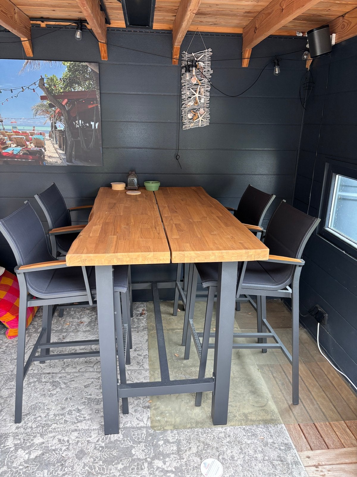 Bartafel met 4 krukken, Ophalen, 100 tot 150 cm, Teakhout, 50 tot 100 cm