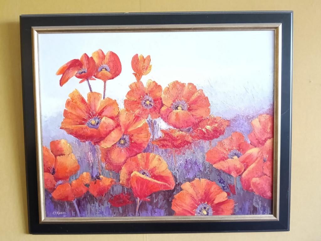 Schilderij met klaprozen, ingelijst. K T Koning, Ophalen