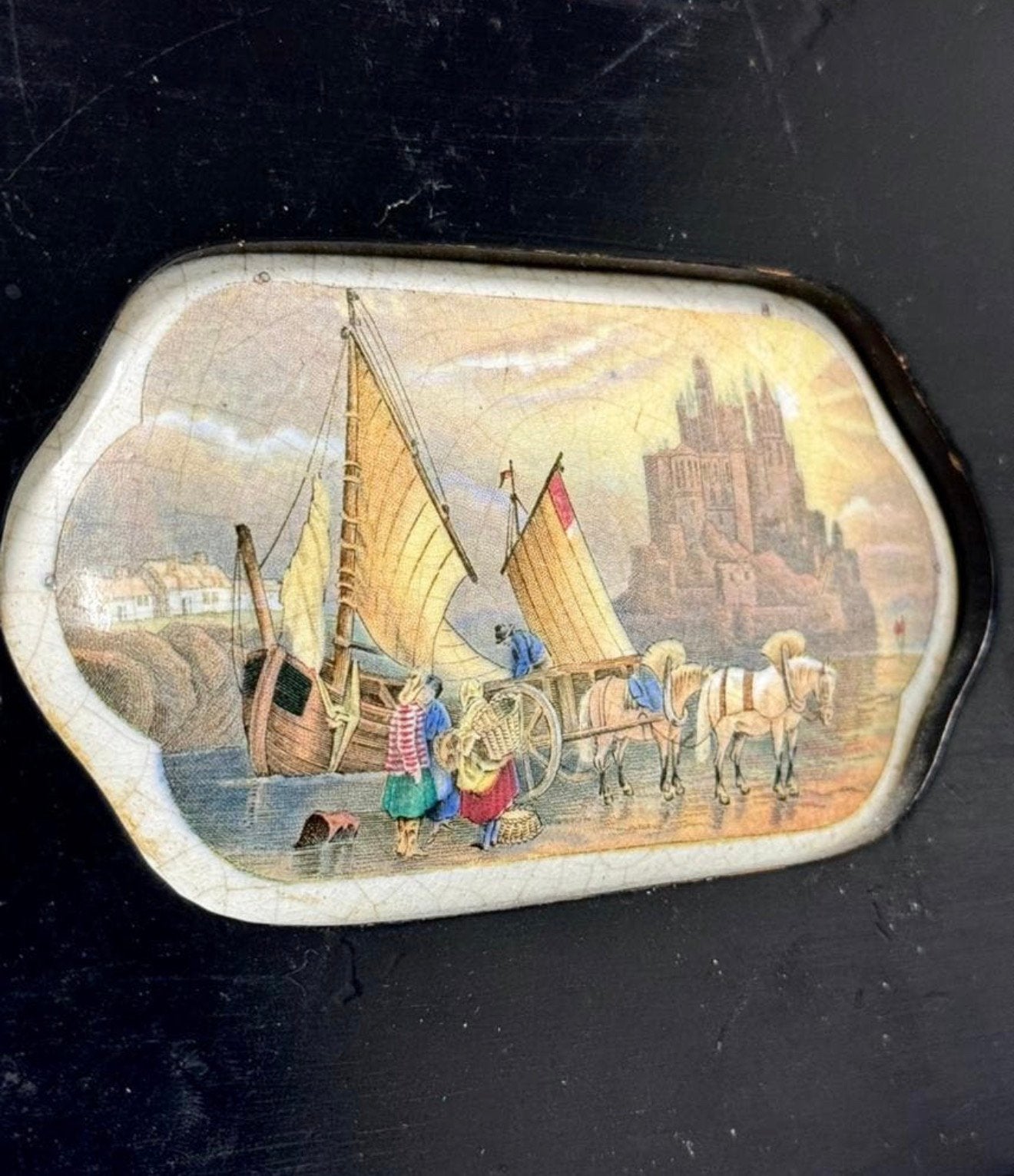 Antiek porselein kunst-art bordje in lijst - schip kasteel, Antiek en Kunst, Ophalen of Verzenden
