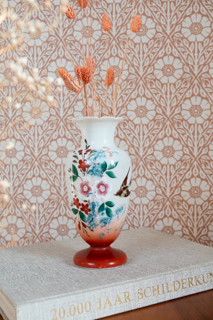 Vintage opaline melkglas vaas vogel bloemen, Ophalen of Verzenden