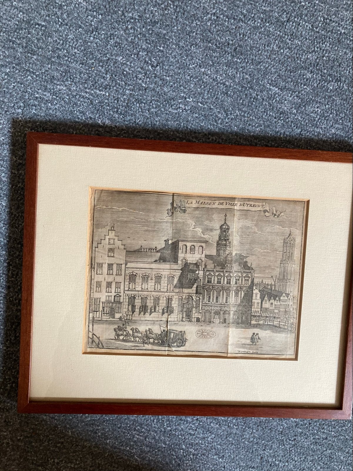 Antieke Gravure: Stadsgezicht Utrecht - La Maison de Ville, Antiek en Kunst, Kunst | Etsen en Gravures, Ophalen, Ingelijst, Stadsgezicht