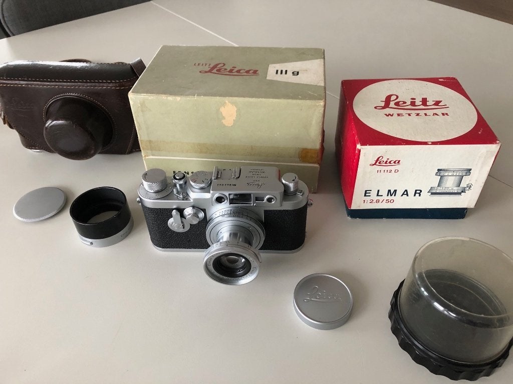 Leica IIIG (recente CLA) en Elmar 5cm 2.8 (zk), dozen en tas, Audio, Tv en Foto, Fotocamera's Analoog, Ophalen, Gebruikt, Compact