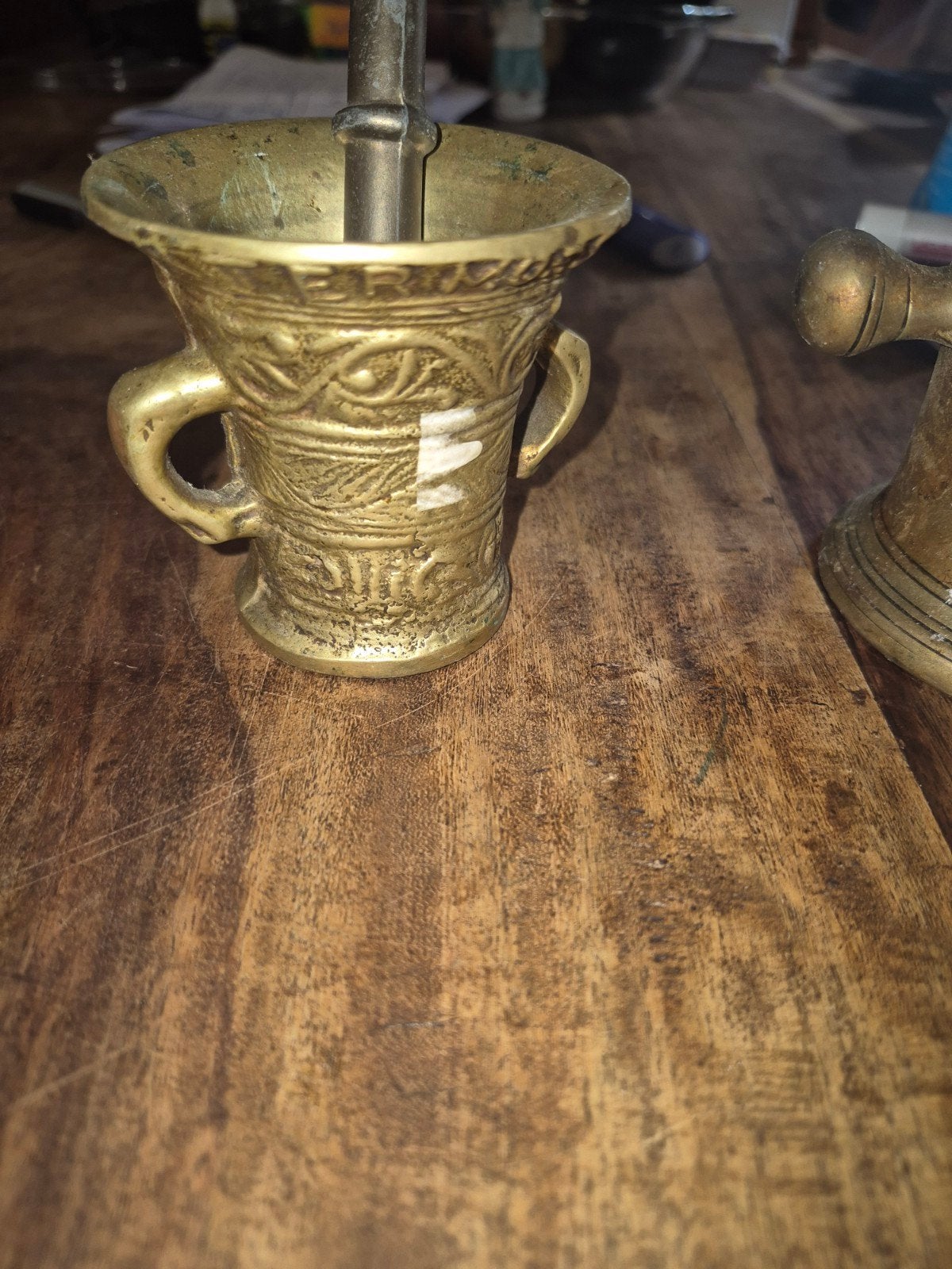Oude bronzen vijzel met stamper, Ophalen of Verzenden