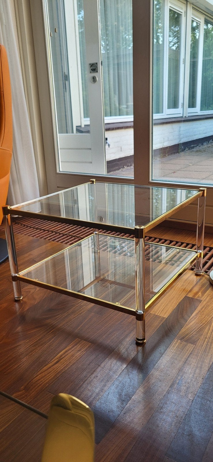 Bijzettafel glas met messing, Ophalen, Minder dan 45 cm, Klassiek, Vierkant