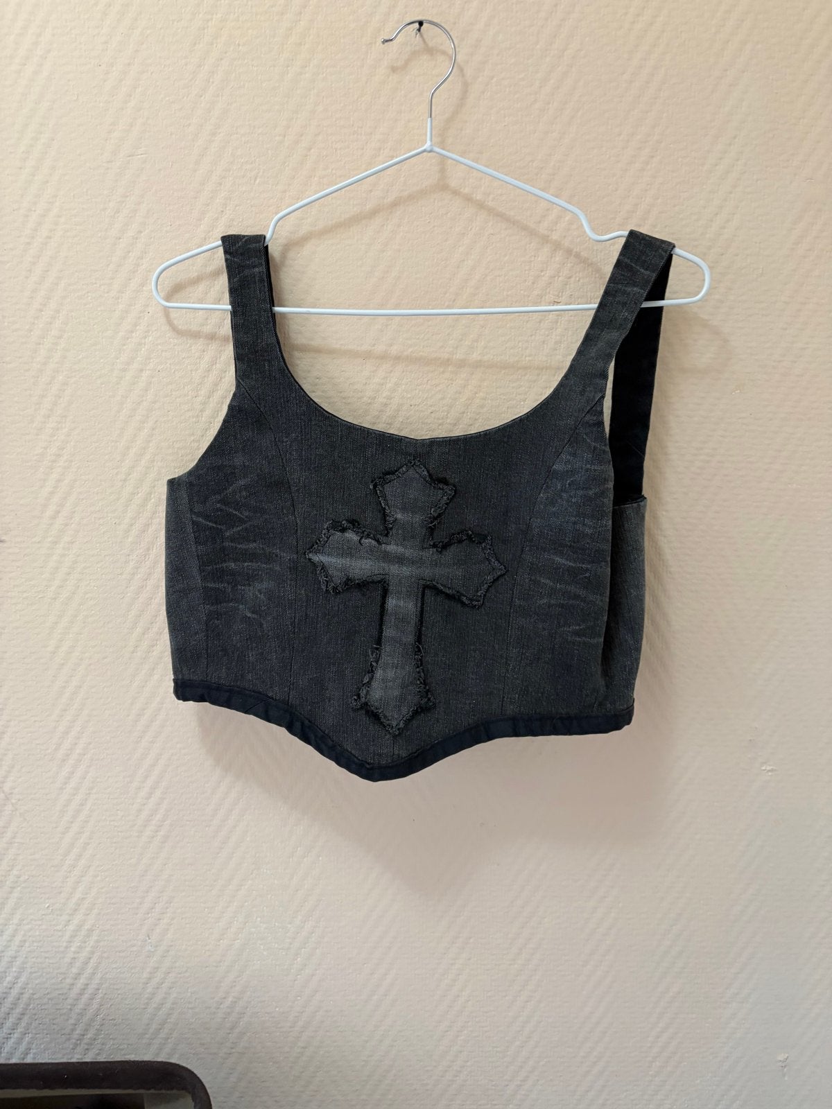 Zwarte denim korset top met kruis - Maat XS, Kleding | Dames, Zwart, Ophalen of Verzenden, Zonder mouw, Maat 34 (XS) of kleiner