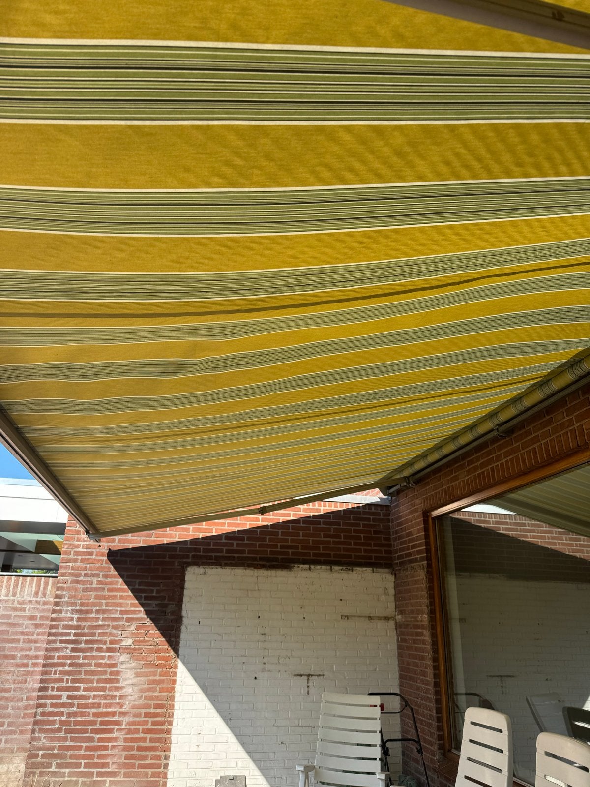 Zonneluifel 6,10 x 3 meter handbediening, Ophalen, Gebruikt, 450 cm of meer, Knikarmscherm
