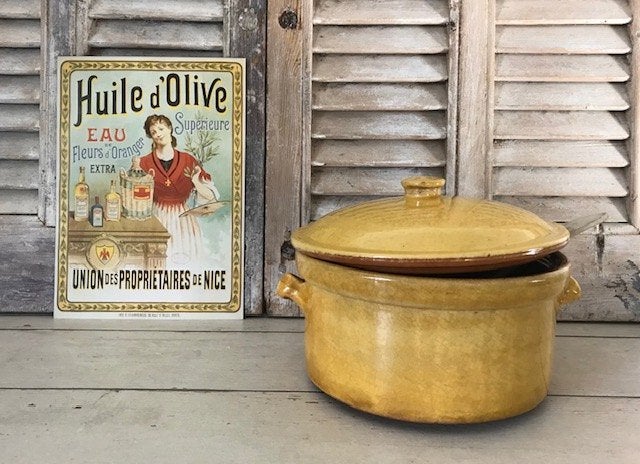 Provençaalse terracotta vuurpot kookpot geel geglazuurd, Antiek en Kunst, Ophalen of Verzenden