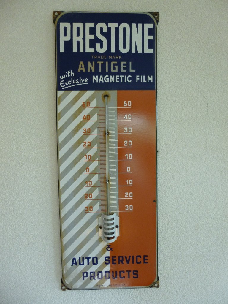 EMAILLE RECLAME THERMOMETER"PRESTONE ANTI GEL"UIT 1962, Verzamelen, Ophalen of Verzenden, Gebruikt, Reclamebord
