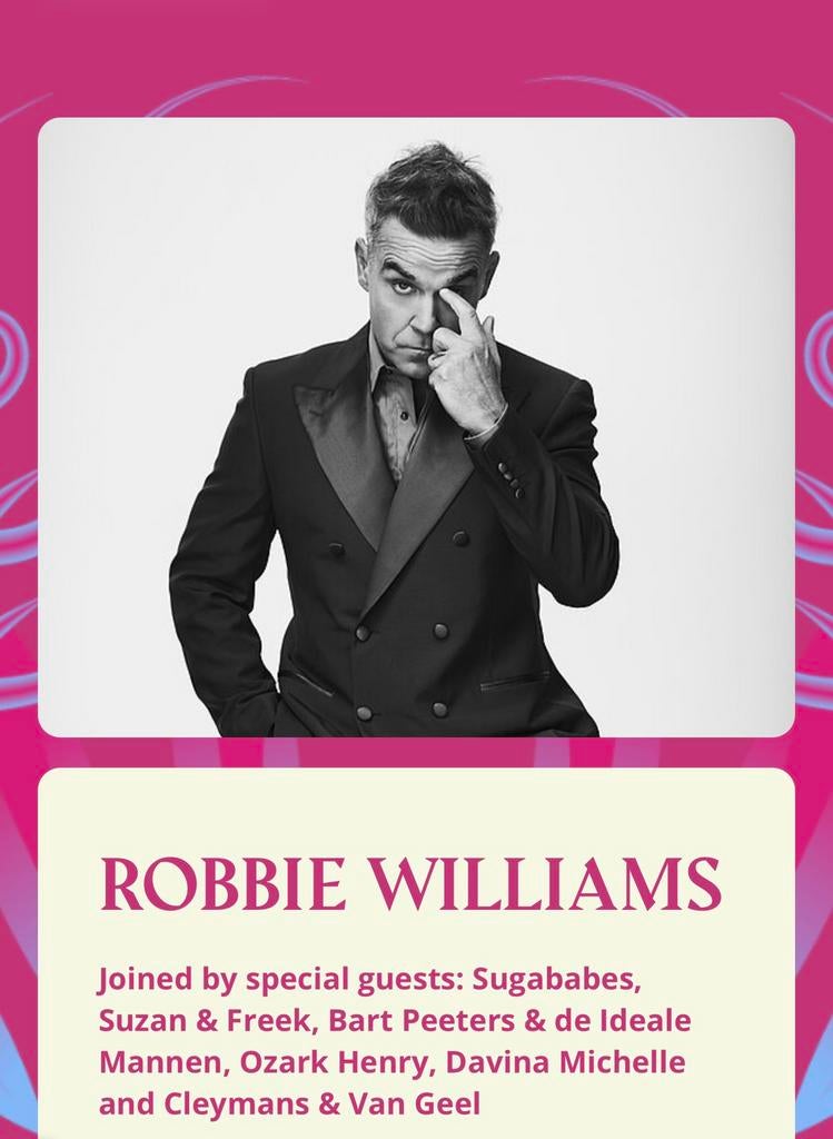 Robbie Williams in concert vip tickets, Tickets en Kaartjes, Drie personen of meer, Juni