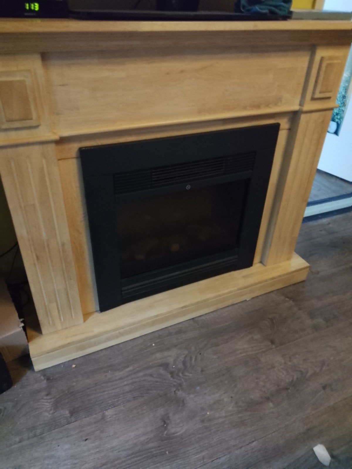 Schouw met elektrische haard - Licht blank hout, Ophalen, Gebruikt, Vrijstaande haard, Elektrische haard