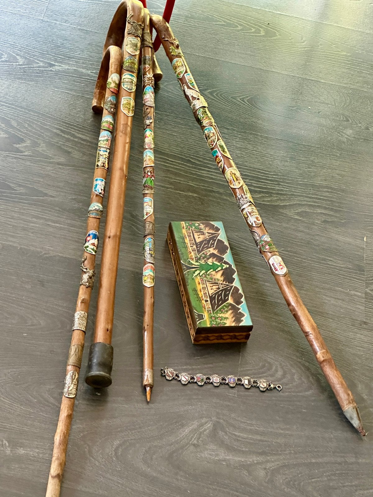 Verzameling antieke houten wandelstokken met schildjes, Ophalen of Verzenden