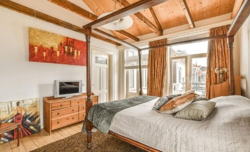 Hemelbed frame teakhout (180x200), Huis en Inrichting, Ophalen, Gebruikt, Bruin, Tweepersoons