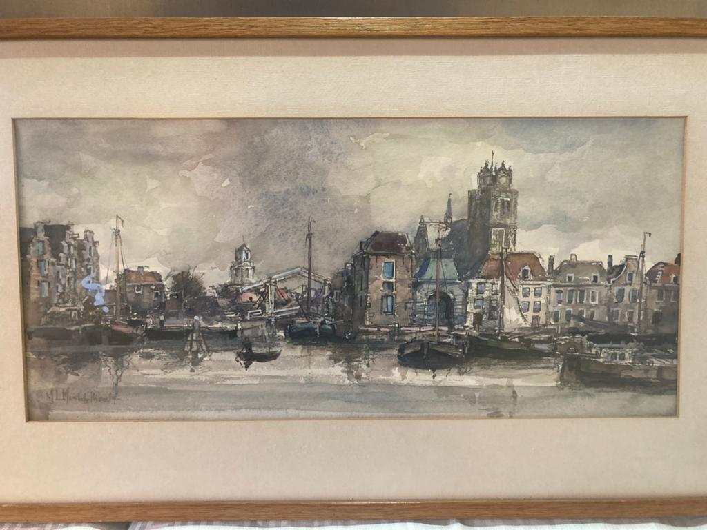 Sfeervolle aquarel van. M L Middelhoek, Dordrecht en haven, Antiek en Kunst, Ophalen of Verzenden