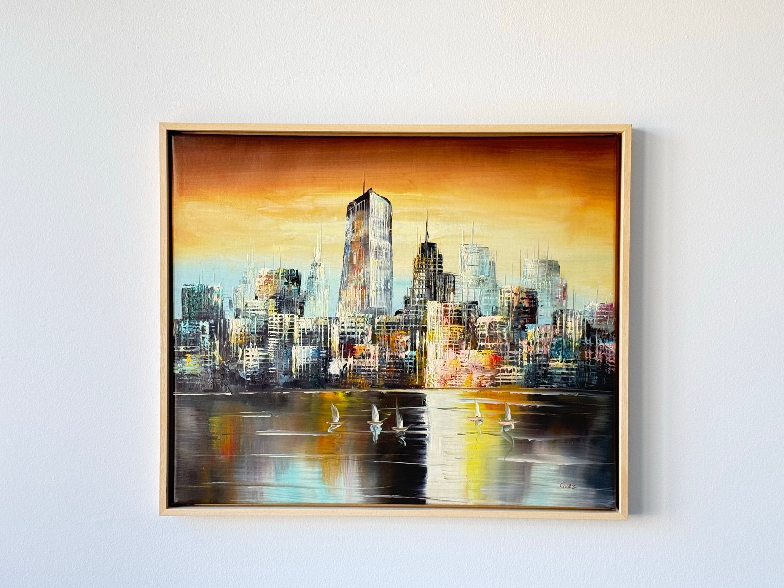 Gesigneerd Guez - Skyline Manhattan in houten baklijst, Antiek en Kunst, Kunst | Schilderijen | Abstract, Ophalen of Verzenden
