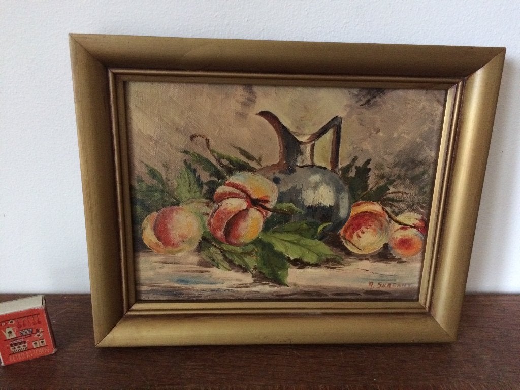 klein mini schilderijtje stilleven perziken bladeren kan oor, Antiek en Kunst, Doek, Stilleven, Ophalen of Verzenden, Bijzondere lijst