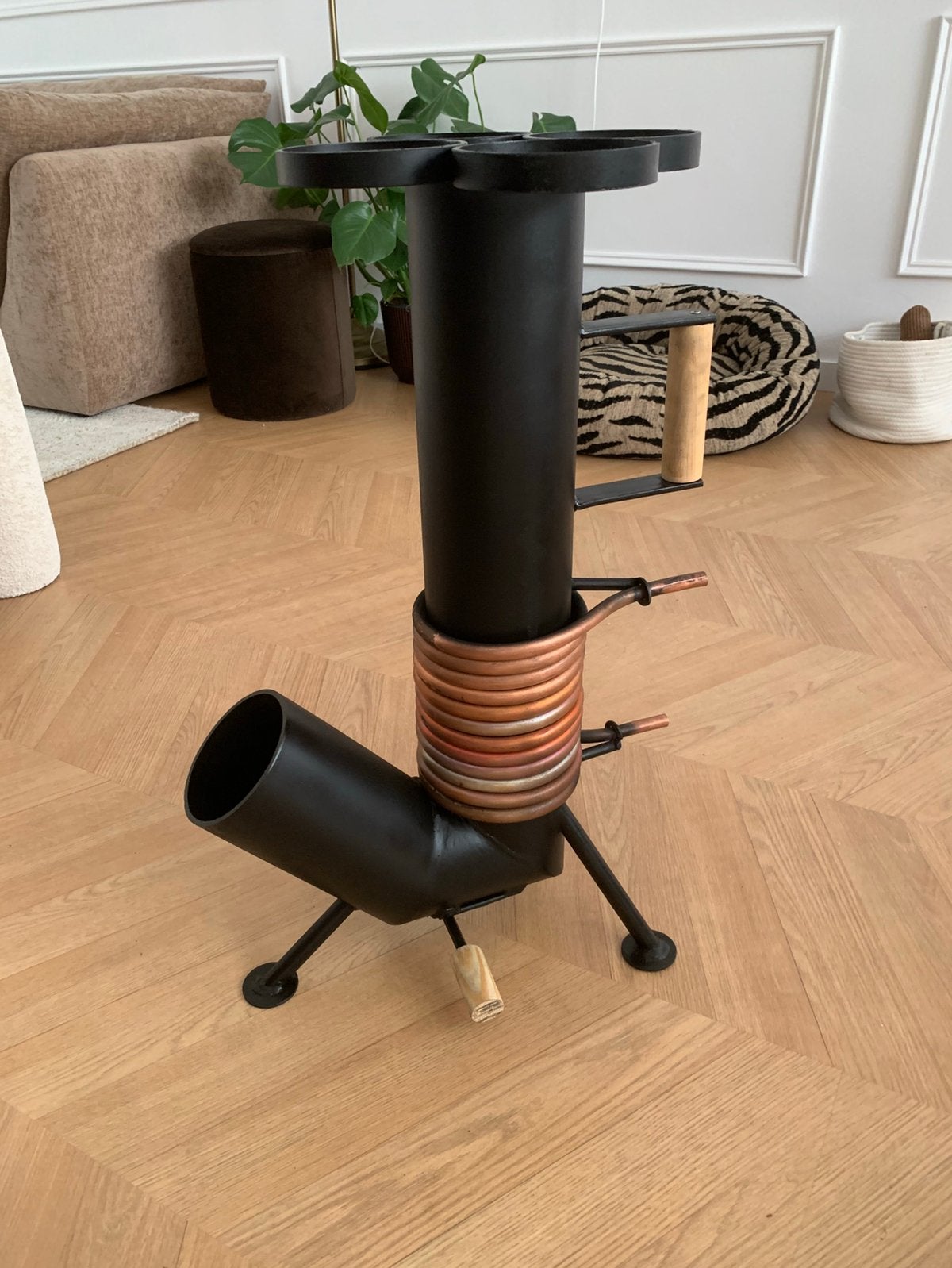 Unieke Rocket Stove met Warmtewisselaar/hottub kachel, Ophalen, Zo goed als nieuw, Hout, Houtkachel