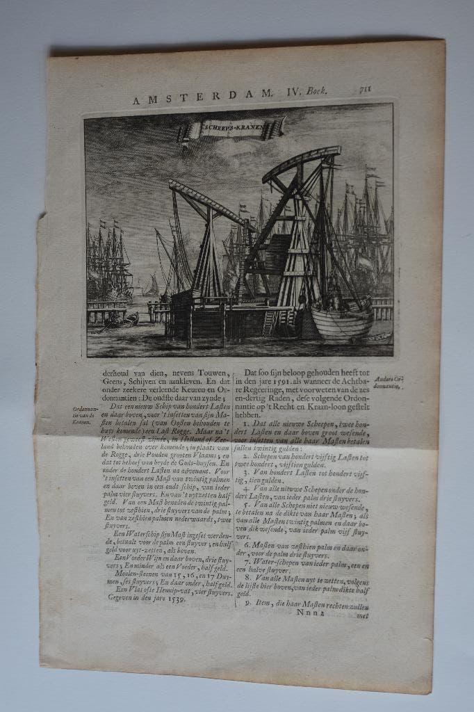 AMSTERDAM SCHEEPSKRAAN in Het IJ Kopergravure ANNO 1726 G89, Antiek en Kunst, Kunst | Etsen en Gravures, Verzenden, Architectuur