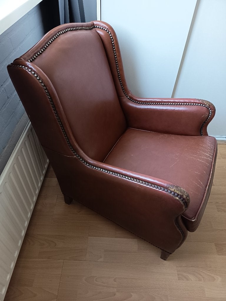 Vintage bruine leren fauteuil, Ophalen, Gebruikt, Minder dan 75 cm, Leer