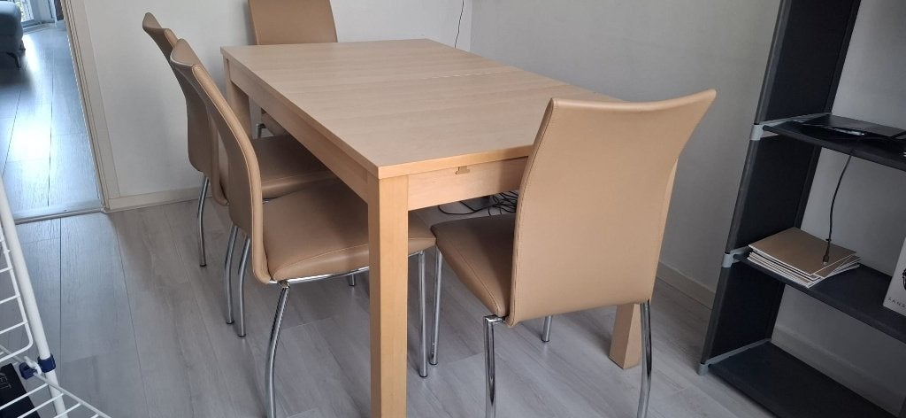 IKEA Bjursta uitschuifbare tafel Eiken + 4 stoelen, Ophalen, Overige materialen, 100 tot 150 cm, Zo goed als nieuw