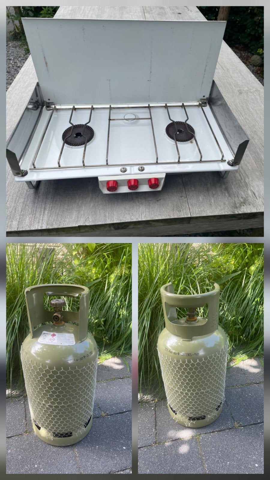 Camping gasstel vintage 2 pits / Gasfles groen 6,4 kg, Caravans en Kamperen, Kampeeraccessoires, Ophalen, Gebruikt