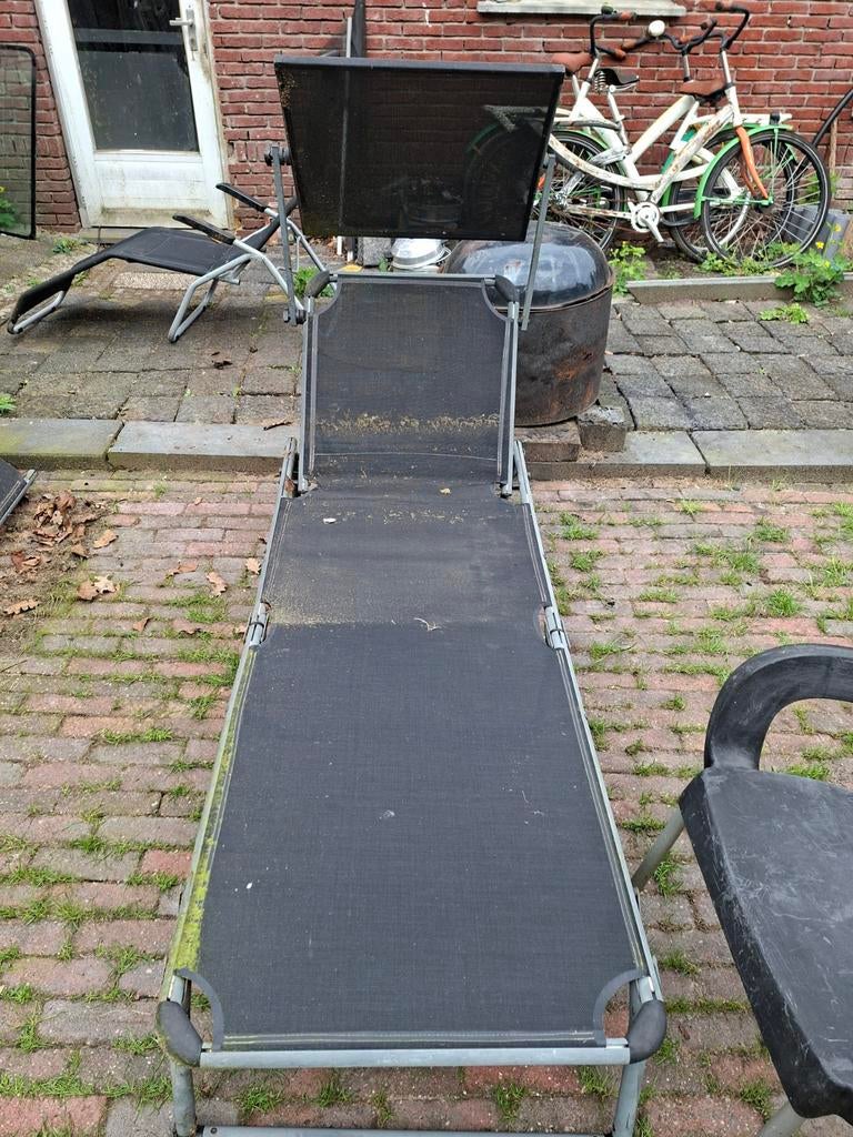 Ligbed met zonnescherm - Gebruikt, Ophalen of Verzenden, Gebruikt, Metaal, Verstelbaar