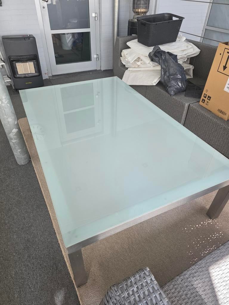 RVS tuintafel met melkwit veiligheidsglas, Tuin en Terras, Ophalen of Verzenden