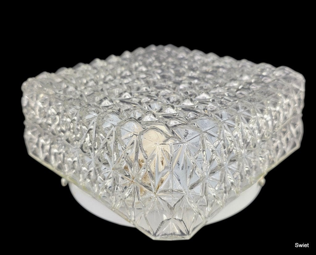 2324 glazen plafonniere massive e27 vierkant vintage glas, Gebruikt, Glas, Plafondlamp, E27 (groot)