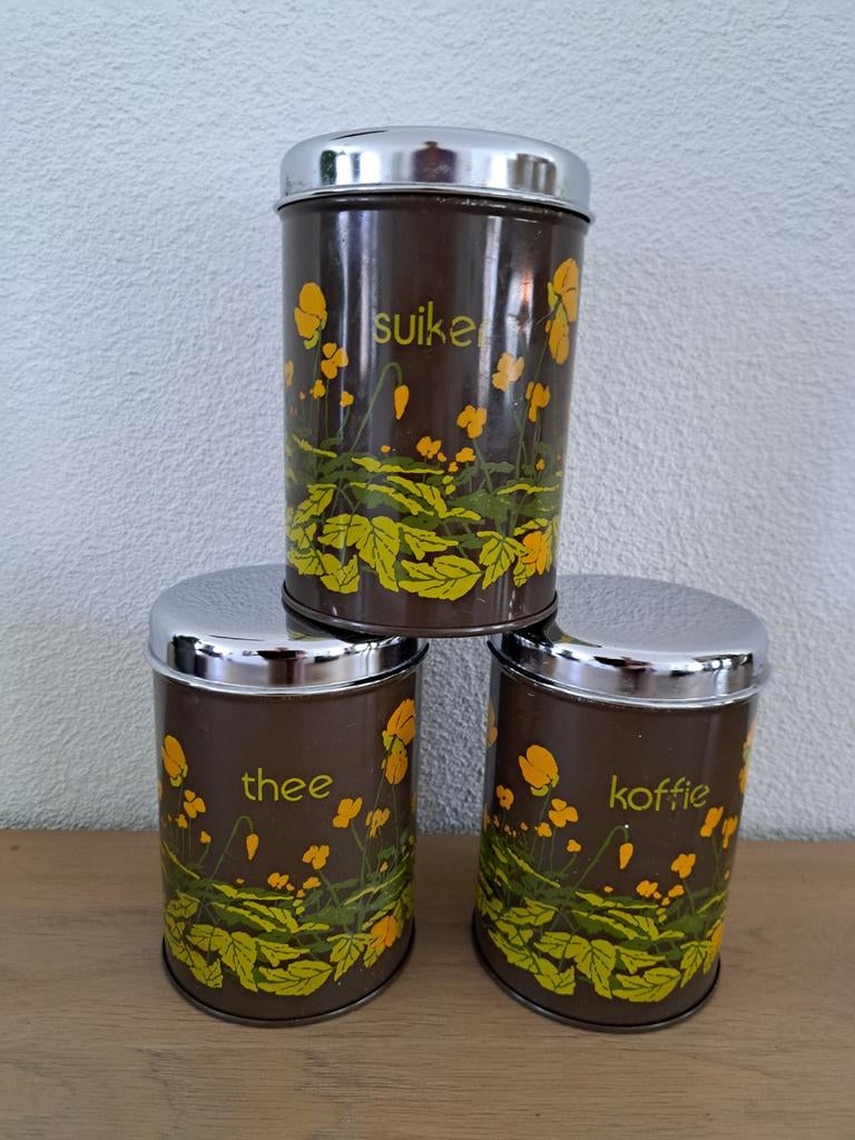 Voorraadbussen Brabantia boterbloem koffie thee suiker '70, Verzamelen, Blikken, Ophalen of Verzenden, Gebruikt, Overige merken