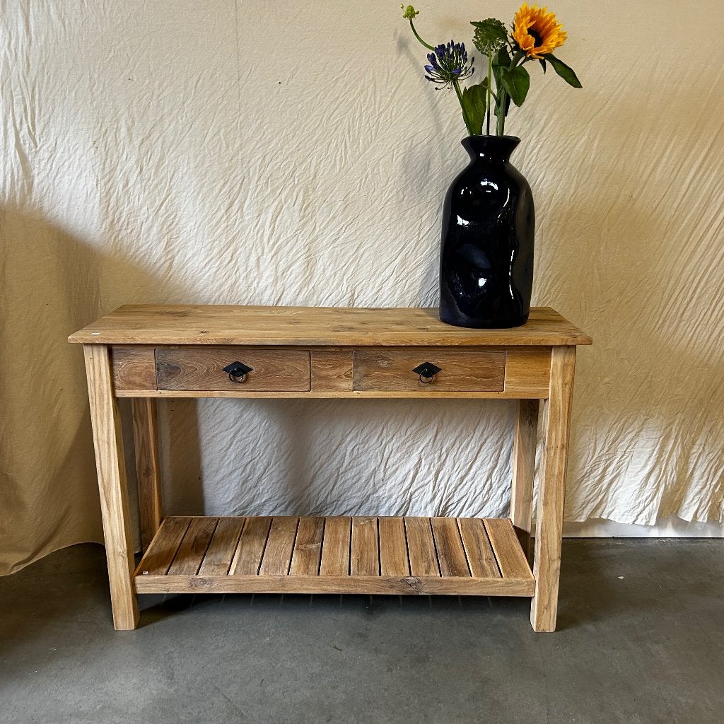 houten sidetable teak 120 x 40 cm - 2 lades - Gratis bezorgd