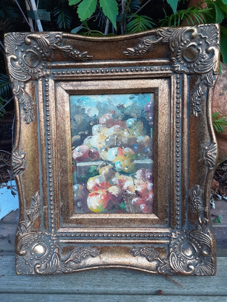 Zeldzaam olieverfschilderij "De schilderproef" in sierlijst, Doek, Bijzondere lijst, Stilleven, Ophalen of Verzenden
